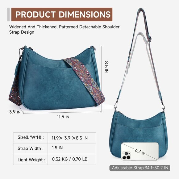 Women's Peacock Blue Imported Leather Crossbody With Adjustable Strap Handbag - Picture 6 of 6